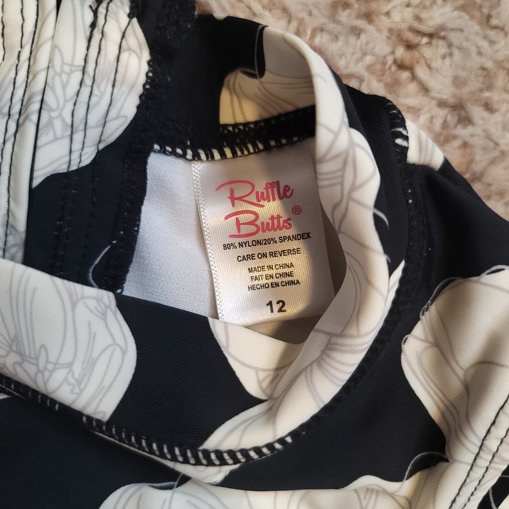 RuffleButts Swimsuit Girls 12 Black White Floral Ruffle One Piece Rash Guard - Picture 3 of 7